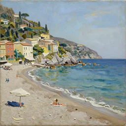 impasto relief oil painting of a beautiful italian beach scene, claire tabouret