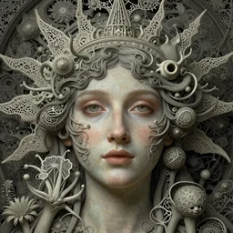 detailed realistic beautiful sun goddess face portrait by jean delville, ellen jewett and iris van herpen, art forms of nature by ernst haeckel, art nouveau, symbolist, visionary, gothic, neo - gothic, pre - raphaelite, fractal lace, intricate alien botanicals, ai biodiversity, surreality, hyperdetailed ultrasharp octane render