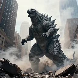 HDR iphone photo of Godzilla rampaging throght New York City,smoke, rubble, low perspective, looking up