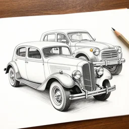concept non - coloring pencil drawing of a classic car from the 1 9 4 0's combined with a new car from 2 0 1 0..