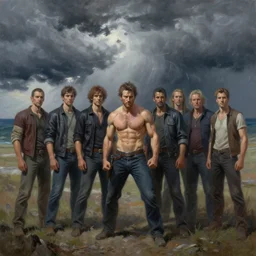 raijin. strong storm in the background. realistic, highly detailed, oil painting. by bowater charlie, mark brooks, julie bell, arian mark, tony sandoval, raf grassetti, antonio j. manzanedo, dmitry klyushkin