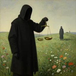grim reaper with no face, holding justice scale, looking at you in distance in beautiful meadow of flowers, detailed painting by rene magritte