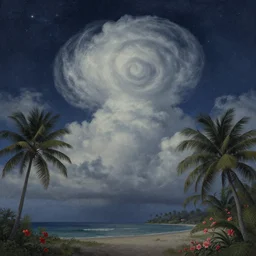 harmony of swirly clouds, starry night, deep blue night sky, tropical island, palm trees, flowers, by wlop, james jean, victo ngai! muted colors, highly detailed, fantasy art by craig mullins, thomas kinkade