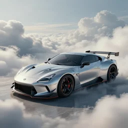 a random crossover design sport car in a utopia world. art by filip hodas. clouds by rhads. car by nissan.