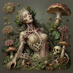 a beautiful detailed rococo of a rotten woman corpse becoming almost a skull with face muscles, veins, arteries, fractal plants and fractal flowers and mushrooms growing around, intricate, ornate, surreal, ray caesar, john constable, guy denning, dan hillier