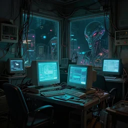 internet cafe, retrofuturism, cluttered, wires everywhere, computer, window, at night, lit only by the luminescent computer screen, dramatic lighting, alien technology, detailed by simon stalenhag