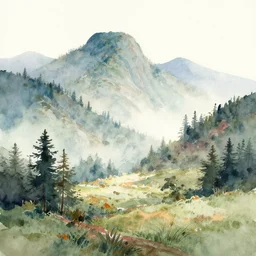 landscape with serene mountains, very beautiful award-winning watercolor painting by a very talented artist