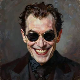 portrait of an evil man with sunglasses, evil smile, in the style of roger deakins and phil hale, edward hopper, oil painting, realistic