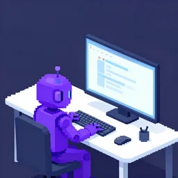 pixel art rendering of web developers working with a purple robot to write new software