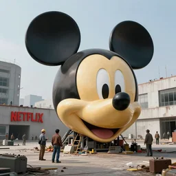 engineers building giant head of cyberpunk mickey mouse, inside of abandoned netflix office, by beeple, dystopia, golden ratio, octane render, redshift, trending on artstation, 8 k
