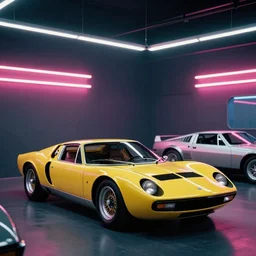designed by Giorgetto Giugiaro stylized poser of a single, 1973 McLaren F1 Miura Citroen DM BMW M1 DeLorean, thick neon lights, ektachrome photograph, volumetric lighting, f8 aperture, cinematic Eastman 5384 film