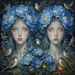 breathtaking detailed concept art painting pattern of two goddess of light blue flowers with anxious piercing eyes and flowers and fruits and birds, by hsiao - ron cheng and beto val and john james audubon, bizarre compositions, exquisite detail, extremely moody lighting, 8 k