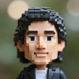 close up shot of a pixelated bobble head terence mckenna, depth of field, fstop 1. 3, bokeh