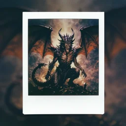 satan as a dragon in hell, polaroid photo, surreal, sharp focus, digital art, epic composition, concept art, dynamic lighting.