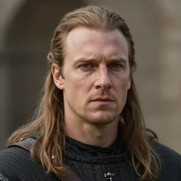 cinematic artwork of a medieval commander his late twenties with long light brown hair tied back, large forehead, a widows peak and a round face with high cheekbones in front of his army by greg rutowski, 4 k, masterpiece, sun rays
