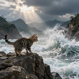 the cute little cat climbed over the mountains, and the white waves crashed against the mountains, by pablo carpio, greg rutkowski