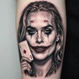 tattoo design of beautiful margot robbie with joker makeup on the mouth and holding ace card, in the style of den yakovlev, realistic face, black and white, realism tattoo, hyper realistic, highly detailed