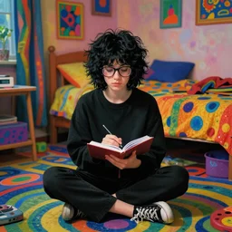 egon schiele style teenage black shaggy haircut and big glasses girl, dressed in black, sitting  over a trippy victor moscoso floor . lsd colorful bedroom, diary on her hand