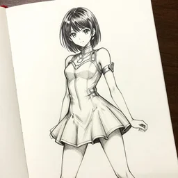 beautiful aesthetic inspirational masterful professional ink pen liner sketch of a japanese idol girl posing in minidress, marvel style, fine details, trending on artstation, high quality paper