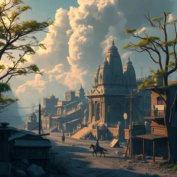 a wholesome animation key shot of a post apocalyptic city with hindu kovil urban landscape, covered by nature hipster vibes by studio ghibli, animation, sharp, rendered in unreal engine 5, focused, anime key art by greg rutkowski, bloom, dramatic lighting