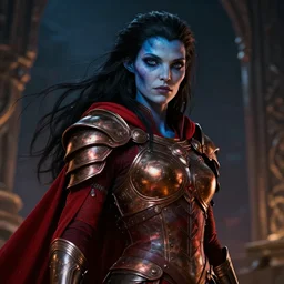 epic portrait cinematic shot an female traveller wearing a red cape with shoulder plates and shiny bronze armor, flowing black hair, blue skin, alien eyes, fine details. night setting. realistic shaded lighting poster by craig mullism, artgerm, jeremy lipkin and michael garmash, unreal engine, radiant light, detailed and intricate environment, digital art, trending on art station,