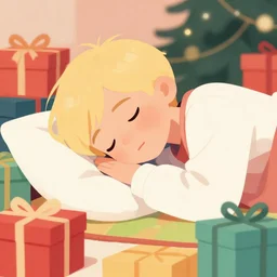 thirteen year old with short blonde hair, asleep at christmas. surrounded by gifts. high quality detailed face. clean cel shaded vector art. shutterstock. behance hd by lois van baarle, artgerm, helen huang, by makoto shinkai and ilya kuvshinov, rossdraws, illustration, art by ilya kuvshinov