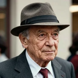 A photograph portrait of old Jerma985 in his eighties who looks like Jerma985 wearing a suit with and fedora in the 1990s, taken in the early 1990s, grainy, taken on a 1990s Camera, realistic, hyperrealistic, very realistic, highly detailed, very detailed, extremely detailed, detailed, digital art, trending on artstation, detailed face