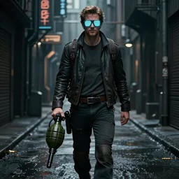 a detailed full bodied matte portrait of an extremely handsome jensen ackles as time traveler walking down a dark alley of a futuristic dystopian cyberpunk city, holding a milkor mgl grenade launcher, wearing glowing neon slotted and shuttered 1 9 8 0 s glasses!!!!, aetherpunk, masterpiece, 8 k, art by greg rutkowski and albert bierstadt and arthur rackham and alphones mucha