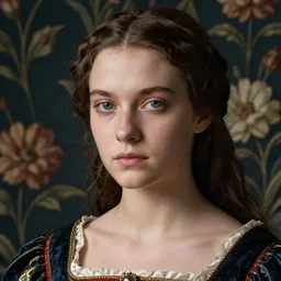 close - up portrait of beautiful androgynous young woman in renaissance dress, background with flowered wallpaper, art by steven meisel