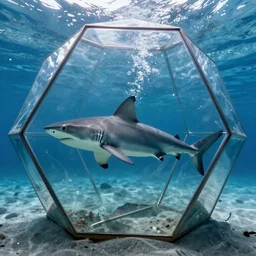 a shark trapped within a 2 0 - sided polyhedron made of glass photograph, cam trail footage, underwater photograph