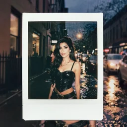 polaroid of amy winehouse on a rainy night in the east village at night, raining!
