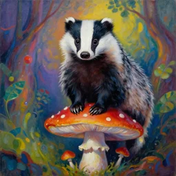 psychedelic painting of a badger, sitting on a mushroom, oil painting