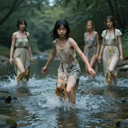 a full body shot of a asian girl playing in the river by artgerm, dynamic lighting, ray tracing, tom bagshaw, alphonse mucha, donata giancola, mary jane ansell, atmosphere, realism, octane render, dof, hyperdetailed, 8 k