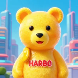 portrait of haribo bear in future city, color and shape fo