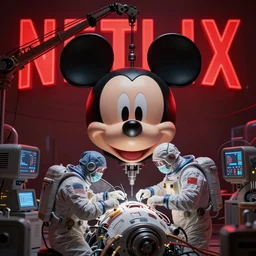 graphic art of dystopian futuristic 1 0 mechanic surgeons in space suits, operate on a huge mickeymouse!!! head held by a crane. ominous glowing red netflix!!! sign in the background, trending on art station, beeple