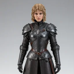 portrait of a figurine of brienne of tarth from the fantasy series game of thrones. glossy. silver helmet, silver shoulder pads. shallow depth of field. suit of armor.