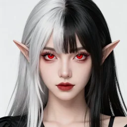 Digital portrait of a beautiful half-elf half-vampire young female. Half black half white hair. Red irises, vertical pupils. Award-winning digital art, rule 34