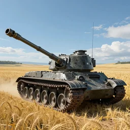 a high resolution very detailed image from nier : automata of the russian tank final boss fight, in yellow rye field under blue sky