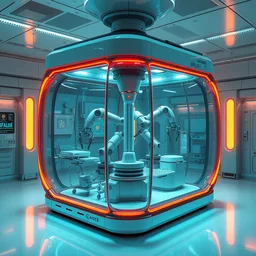 futuristic enclosed medical pod ( glass tank ) contains multiple robotic arms doing precision work inside, a single large glass chamber contains multiple automatic manipulators, highly integrated futuristic automatic medical care unit in a cyberpunk hospital lab, 3 d bioprinter, mri, cnc, highly detailed, vibrant, hyperdetailed scifi concept art, artstation, hdr, rtx, by caravaggio, cgsociety