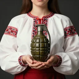extremely detailed studio closeup portrait of a fashion model in traditional ukrainian clothes holding a granade. surreal photograph, lo - fi, polished look, solid background, silly and serious, hermes ad, fashion photography, toiletpaper magazine by pierpaolo ferrari and maurizio cattelan, 3 5 mm photograph, colourful, david lachapelle, canon eos c 3 0 0, 8 k, medium - format print