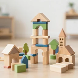 wooden kids toy blocks city town of wood blocks stacked