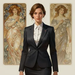Female in office suit, sci-fi, highly detailed, digital painting, artstation, concept art, smooth, sharp focus, illustration, art by artgerm and greg rutkowski and alphonse mucha
