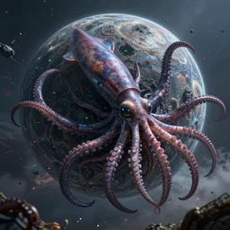 hyperdetailed photo of a highly visible and detailed giant alien squid destroying a mysterious planet by crashing its tentacles into it 8 k extremely detailed hd hyperrealism movie studio fx creepy