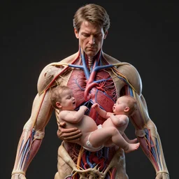 3 d render of charles manson giving birth to ronald reagan, circulatory system and nerves, high definition, blender, perfect symmetry, by peter voss, by michelangelo, by zdzislaw beksinski, octane render, 8 k