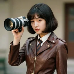 ektachrome, telephoto lens, highly detailed : incredibly realistic, youthful asian demure, exquisite features, feminine cut, portrait photo 1 9 7 0 s frontiers in flight leather suit cosplay fashion, nick night,