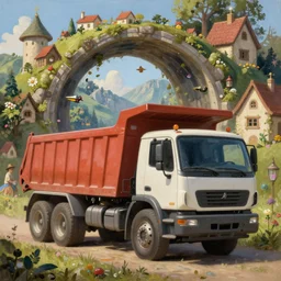 classic oil painting, an adventurous dump truck opening a portal to a magical place, as a dnd character, cottagecore, highly detailed, digital illustration, concept art, smooth, sharp focus, art by greg hildebrandt, and tim hildebrandt