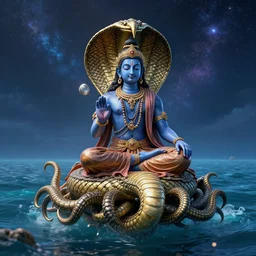 vishnu sitting under a medusa - like cobra, floating across the cosmic ocean, digital art, octane render, highly detailed, intricate, by android jones
