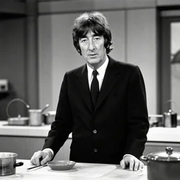 a professional photo of john lennon in 1 9 6 4 on a cooking tv show, monochrome, f / 1. 4, 9 0 mm