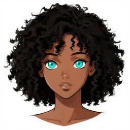 key anime visual sketch of an african - american woman with turquoise eyes and curly anime hairstyle, concept modern anime art
