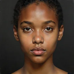detailed portrait in femininity, realistic face sculpted features, melanin, clear eyes, statuesque, warm glowing skin, chiaroscuro, tangible, peach fuzz, angular impressionism, deep ambient backdrop, contemporary, modern fashion, natural colors, greg rutkowski and gaston bussiere and craig mullins and j. c. leyendecker